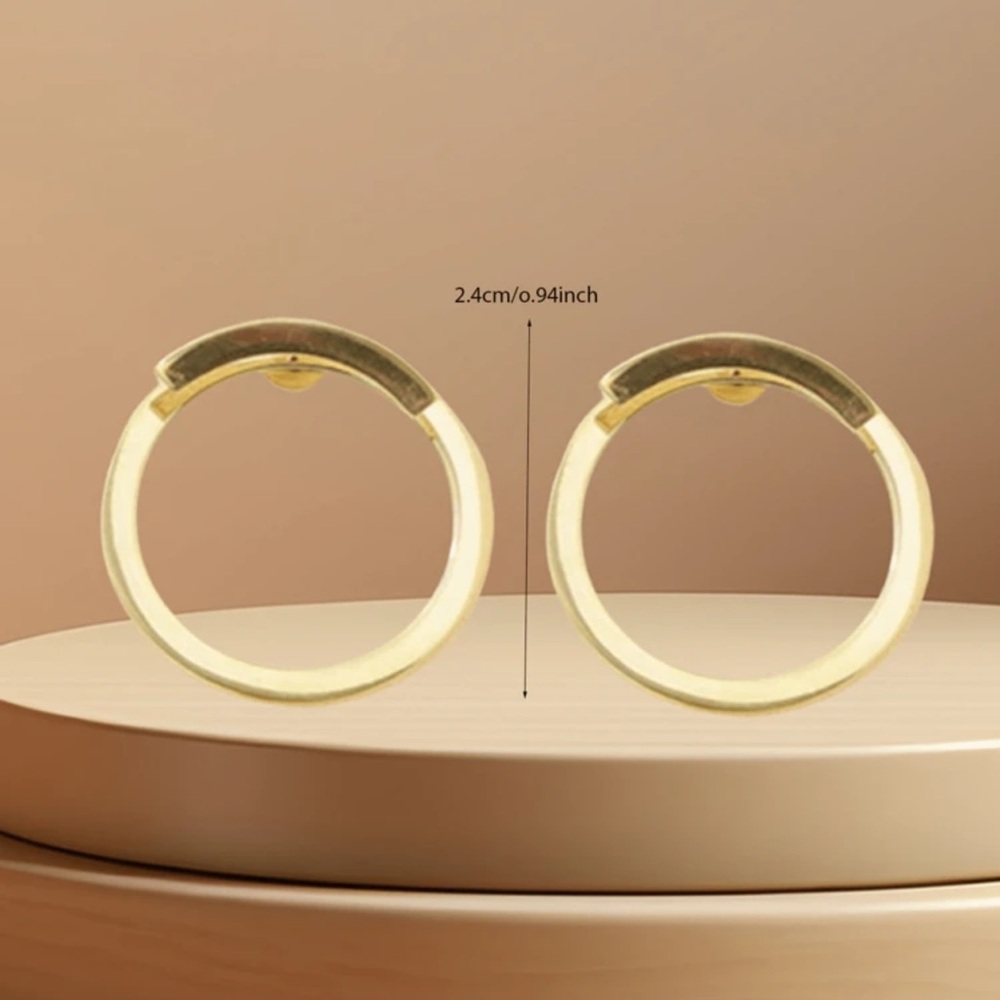 Modern Gold Toned Geometric Circle Earrings, Stud Hoop - Picture 3 of 3